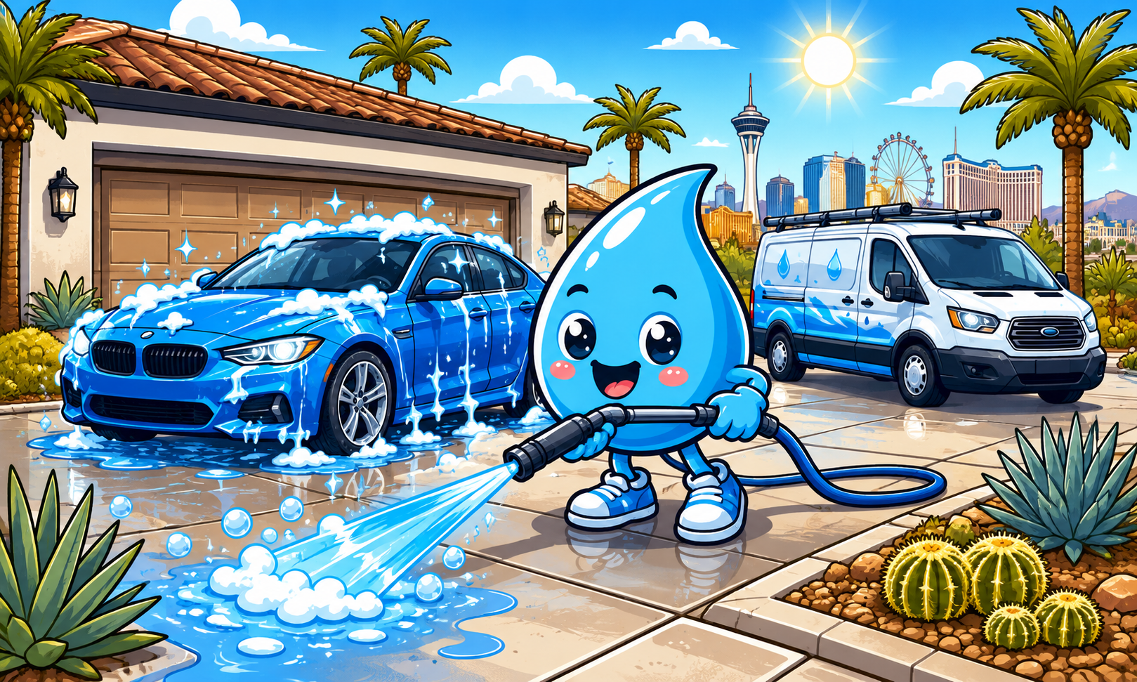 Zippy Drip mascot cleaning a car and driveway for a bundled Las Vegas mobile wash guide.