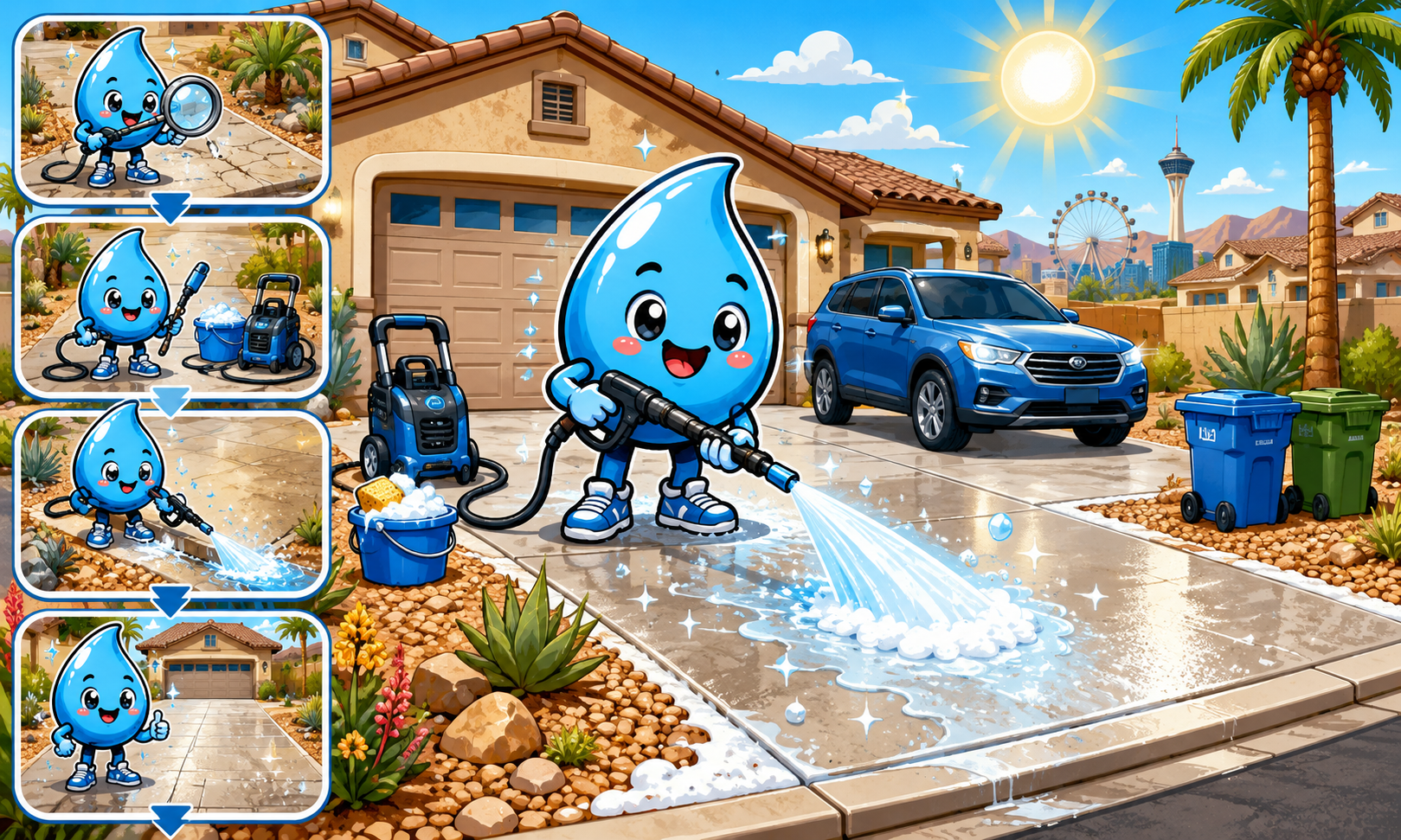 Zippy Drip mascot cleaning a Henderson driveway with water spray, foam, garage door and curb appeal details.