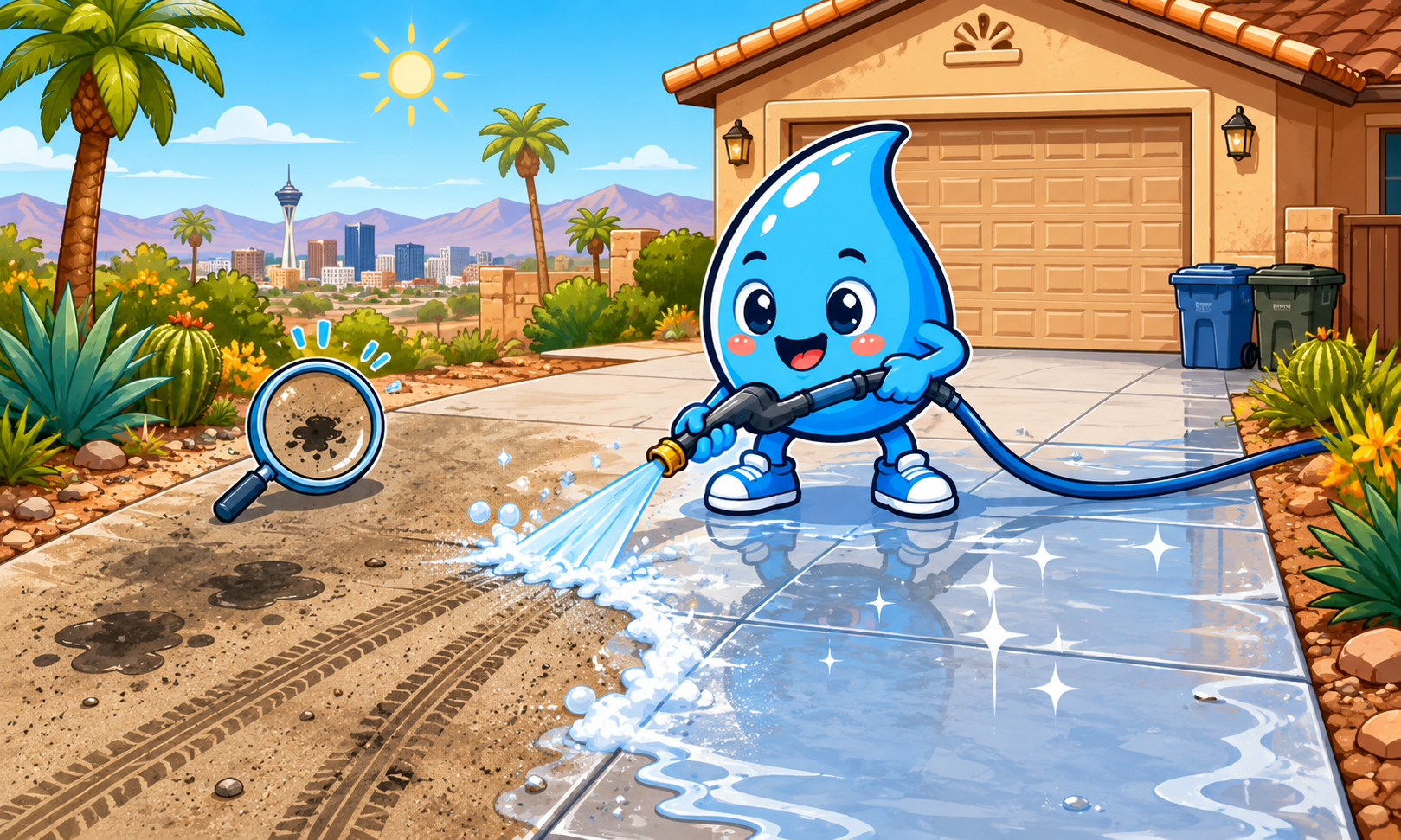 Zippy Drip mascot cleaning oil stains, tire marks, and desert dust from a Henderson concrete driveway.