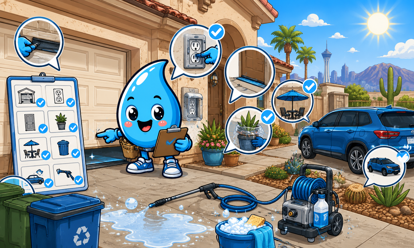 Zippy Drip mascot checking garage seals, outlets, plants and driveway areas before pressure washing in Henderson.