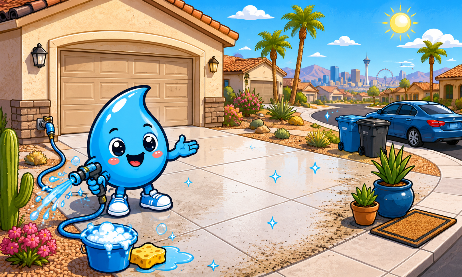 Zippy Drip mascot helping prepare a Henderson driveway for cleaning with vehicles, plants and loose items moved aside.