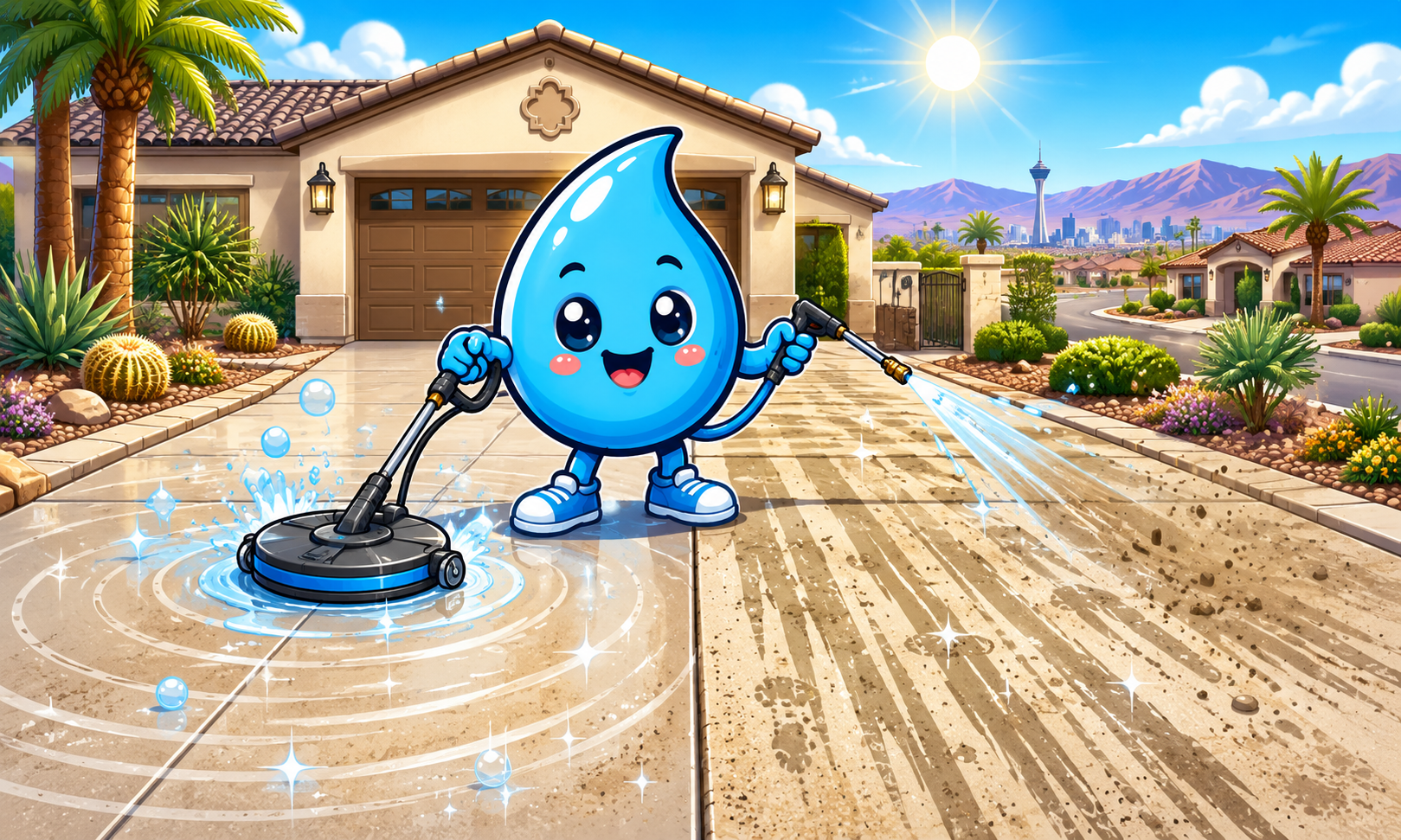Zippy Drip mascot comparing even driveway cleaning with a surface cleaner versus streaks from a pressure washer wand.