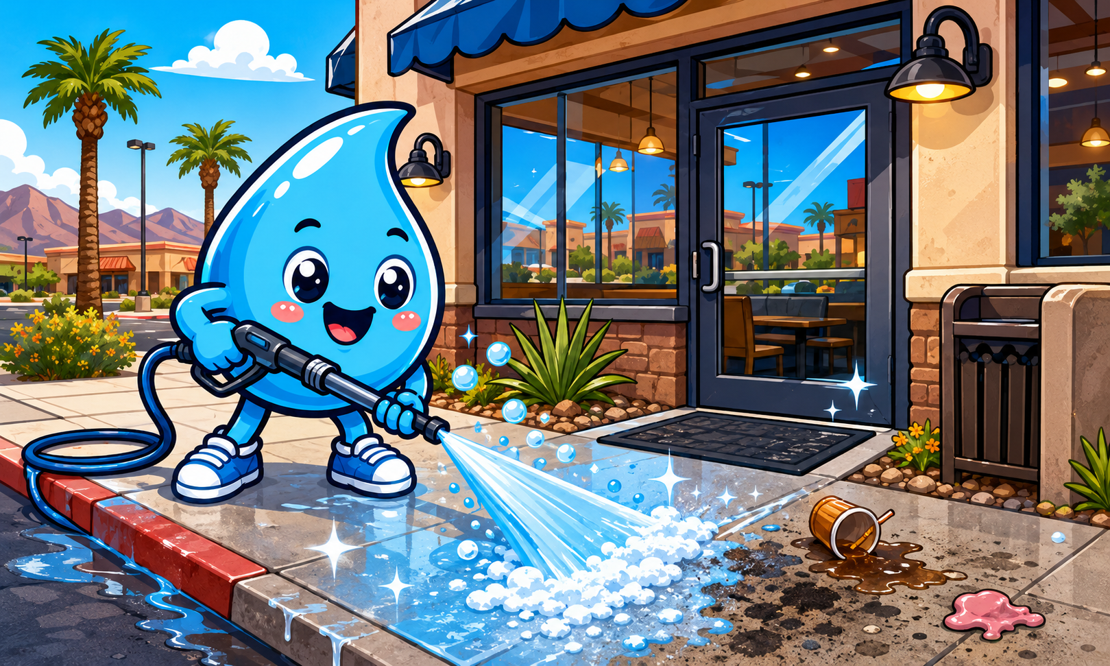 Zippy Drip mascot cleaning a Henderson restaurant sidewalk and storefront entry with water spray and foam.