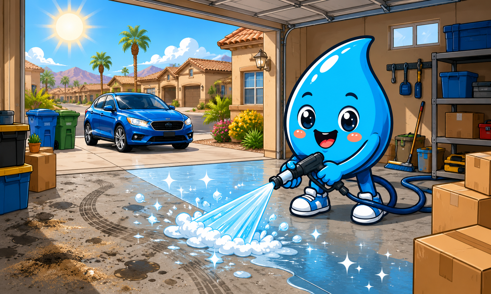 Zippy Drip mascot cleaning a Henderson garage floor with tire marks, oil spots, storage boxes and driveway nearby.