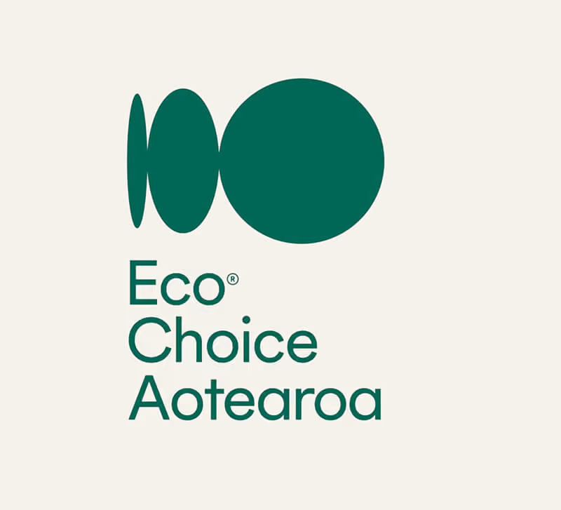 Green Eco Choice Aotearoa logo with three abstract oval shapes above the text on a light background.