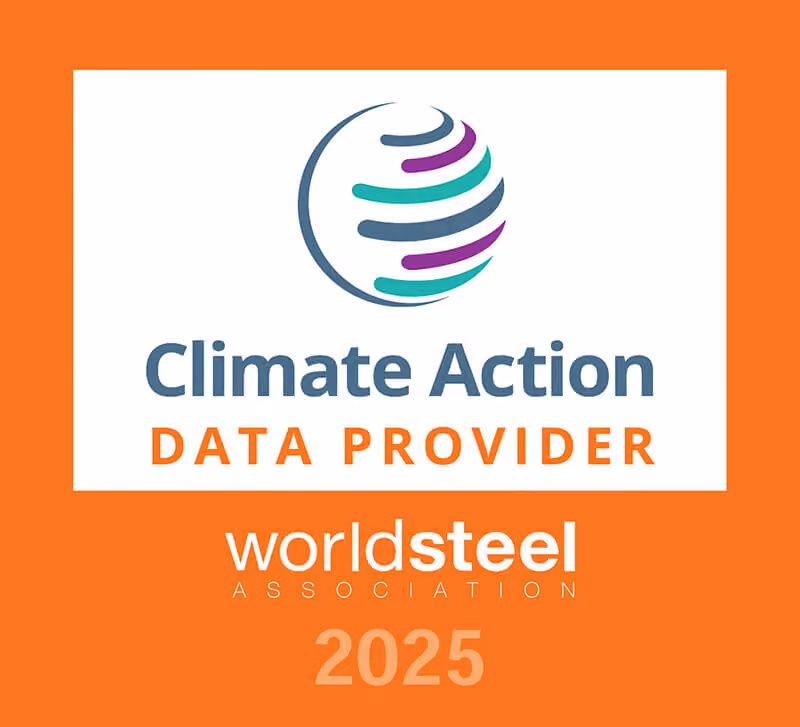 Logo with stylised globe and text reading Climate Action Data Provider, below this is worldsteel Association and the year 2025 on an orange background.