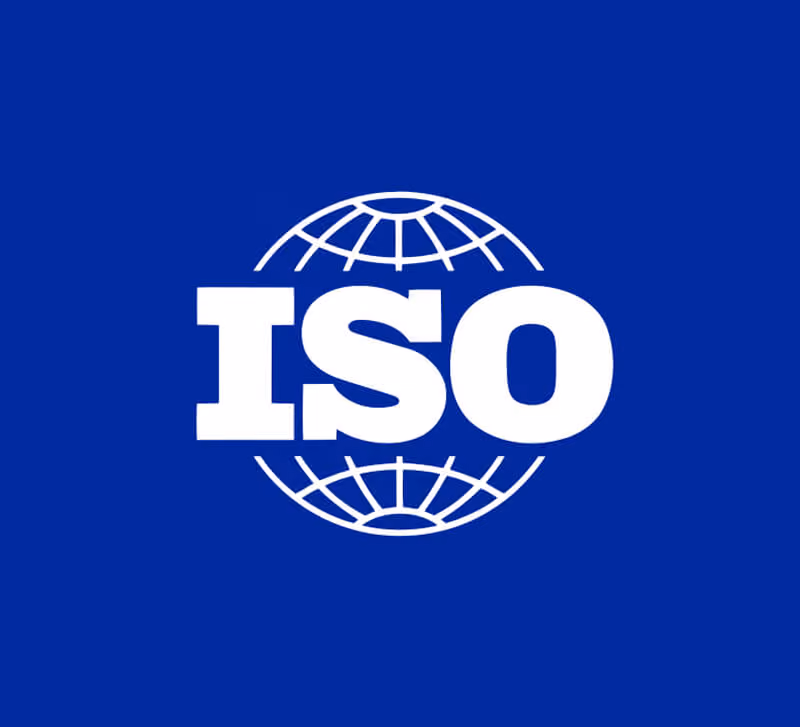 ISO logo with the letters ISO in white overlaid on a white globe grid on a blue background.