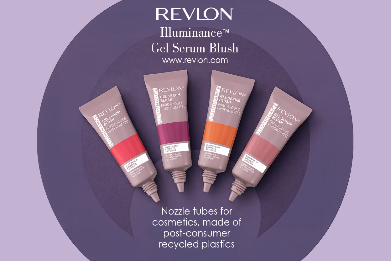 REVLON GEL SERUM BLUSH packaged in PCR nozzle tubes made of post-consumer recycled plastics.