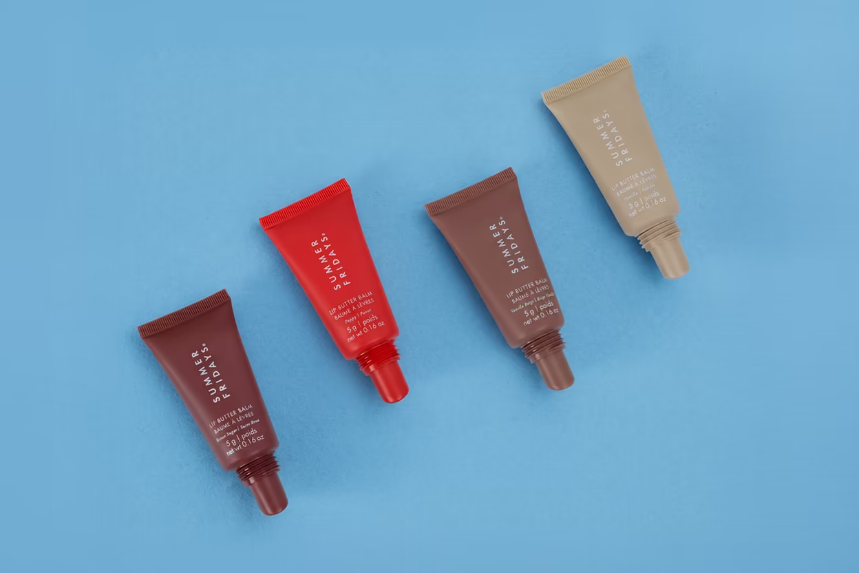 Summer Fridays Lip Butter Balms in 0.75-inch lip gloss tubes made in USA