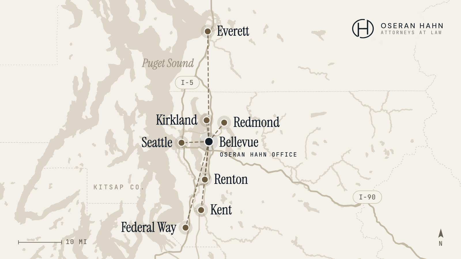 Regional map of Oseran Hahn's Bellevue office and the eight Puget Sound cities it serves