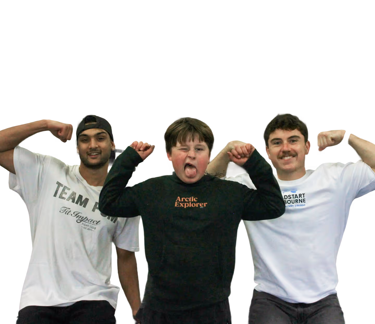 Three people flexing arms; middle person winks and sticks out tongue, two on sides wear white shirts.