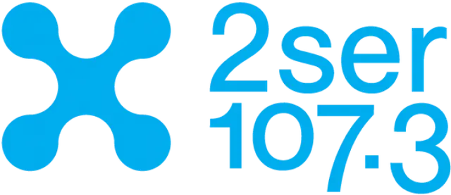 Blue 2ser 107.3 radio station logo with abstract cross symbol to left.