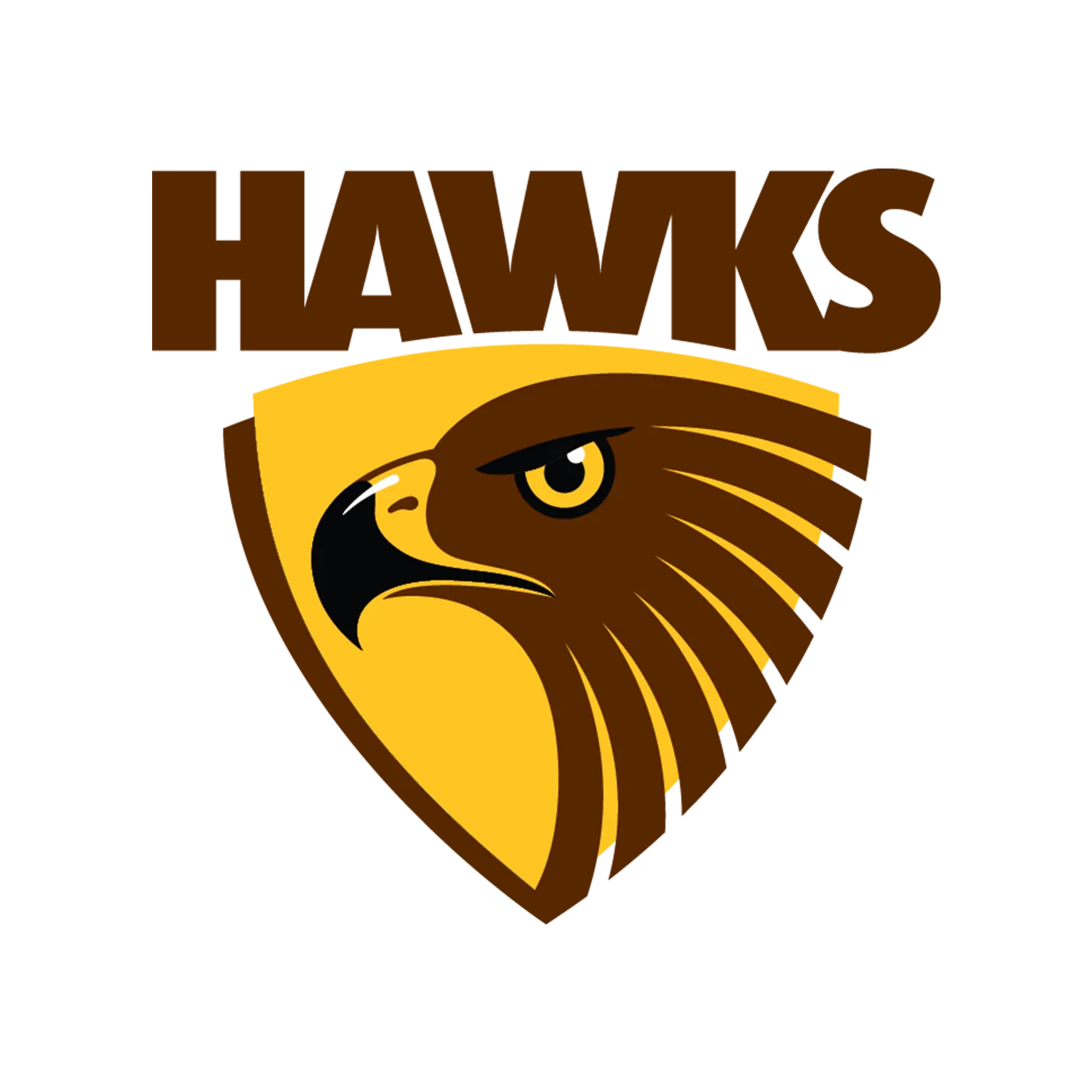 Brown and gold stylised hawk head emblem with sharp eye and curved beak.
