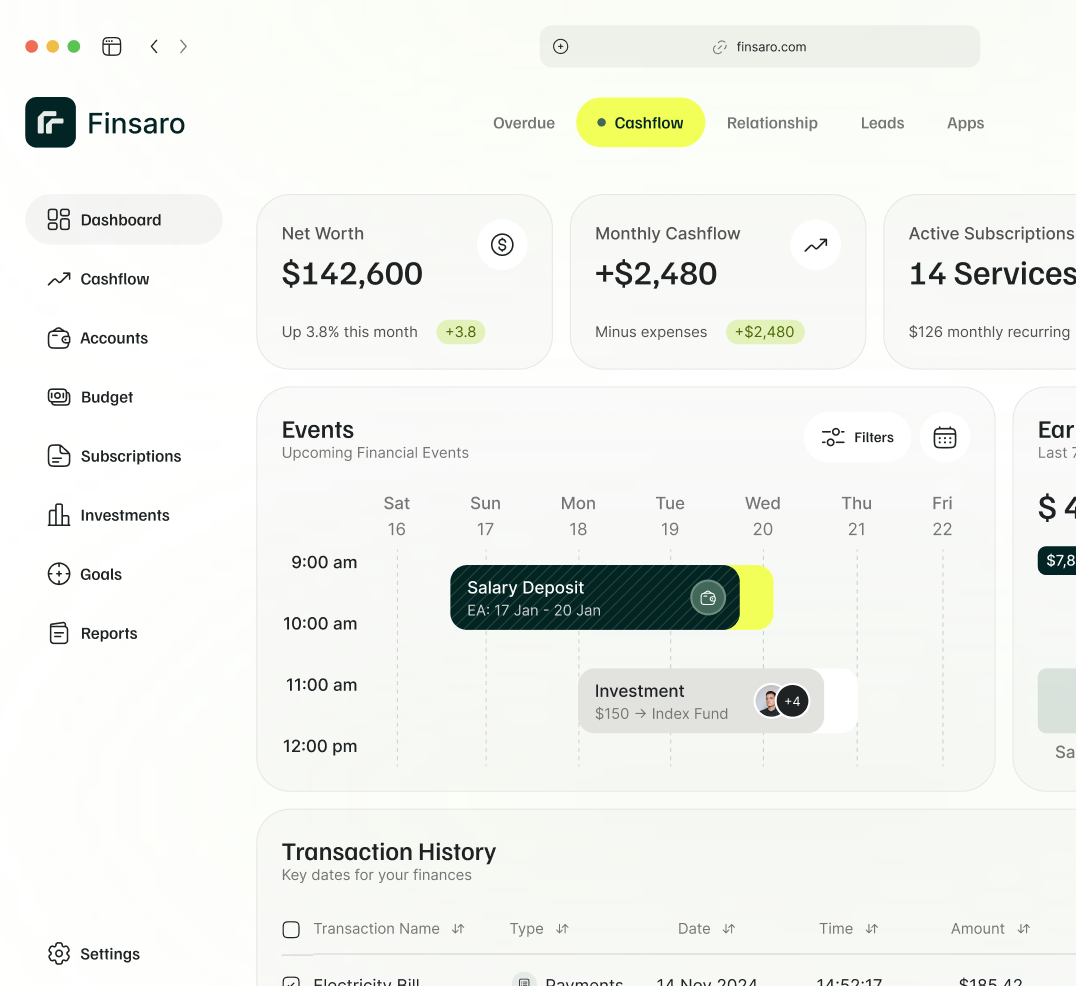 Finsaro financial dashboard displaying net worth of $142,600, monthly cashflow of +$2,480, active subscriptions, upcoming financial events, and transaction history.