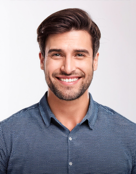 Smiling man with short brown hair and beard wearing a blue patterned shirt.