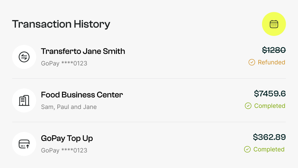 Transaction history showing three entries: a refunded $1280 payment via GoPay, a completed $7459.6 payment involving Sam, Paul, and Jane, and a completed $362.89 payment via GoPay.