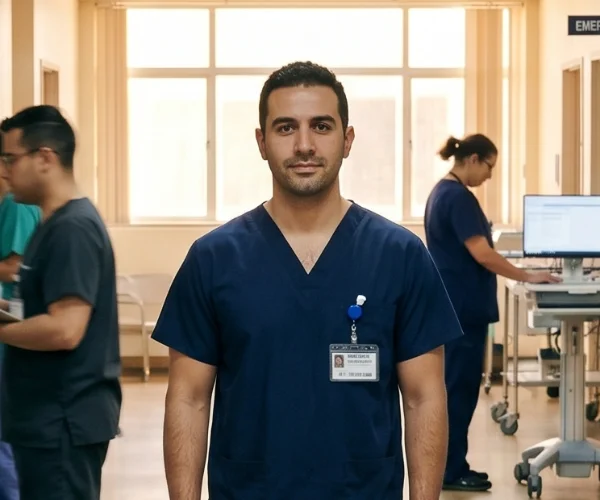 Male doctor in navy scrubs standing confidently in a hospital corridor with two coworkers in the background.