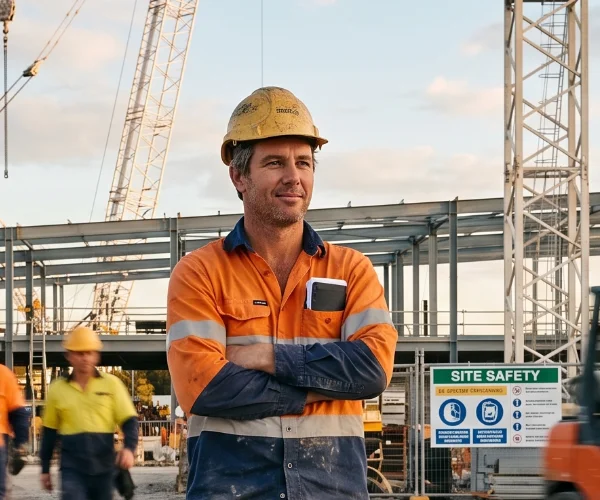 Construction worker in orange safety gear and helmet standing with arms crossed at a building site.