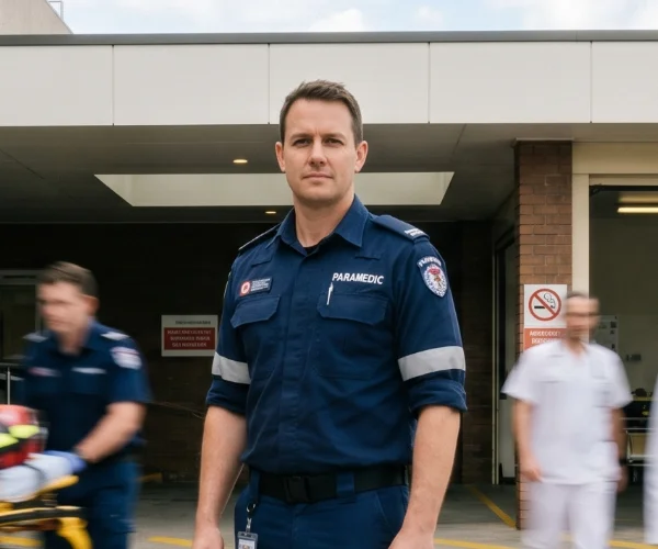 Male paramedic in uniform standing outside hospital emergency entrance with blurred medical staff in background.