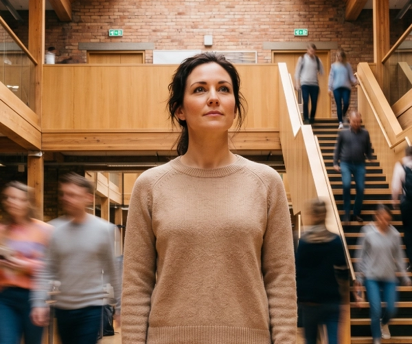 Woman in a beige sweater standing calmly in a busy modern office with people walking by and stairs behind.