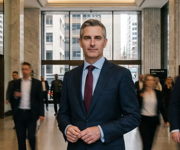 Confident middle-aged man in suit standing in a busy modern office lobby with blurred people walking past.
