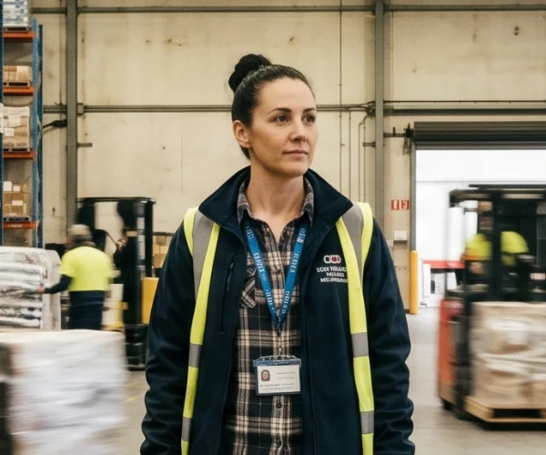 Female warehouse worker wearing safety vest standing in busy warehouse with forklifts moving pallets.