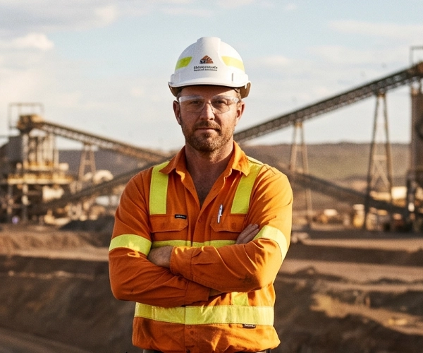 Confident miner in orange safety gear and white helmet stands at mining site with conveyor belts in background.
