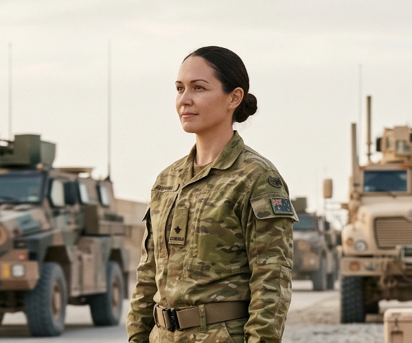 Female soldier in camouflage uniform standing with military vehicles in the background.