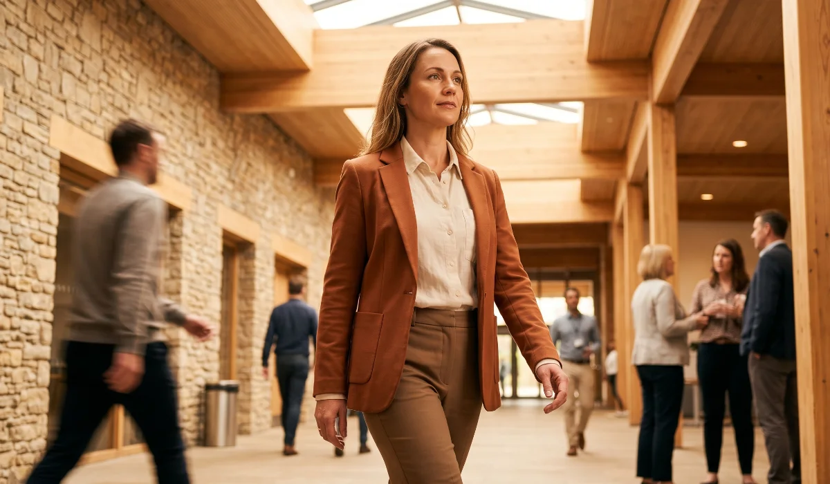Confident woman in brown blazer walking in a bright office lobby with people talking and walking.