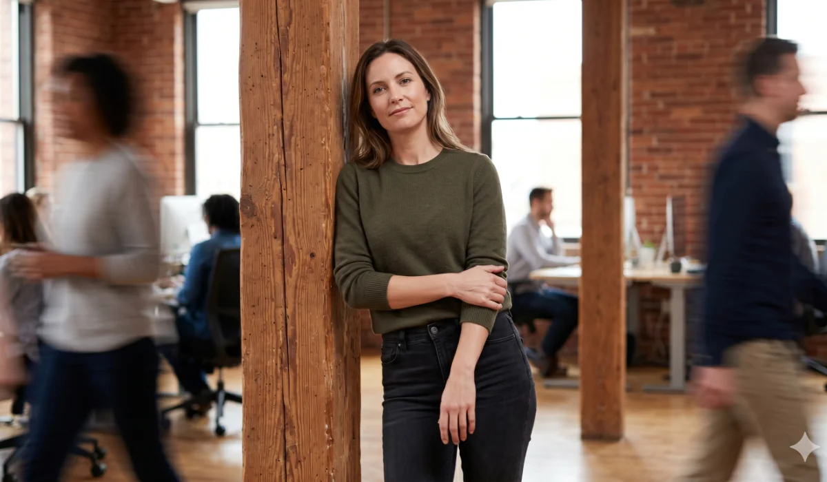 Woman in green sweater leaning on wooden post in busy modern office with blurred walking coworkers.