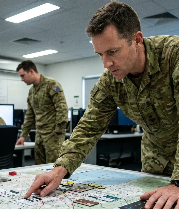 Soldiers in camouflage uniforms studying a military map on a table in a command room.