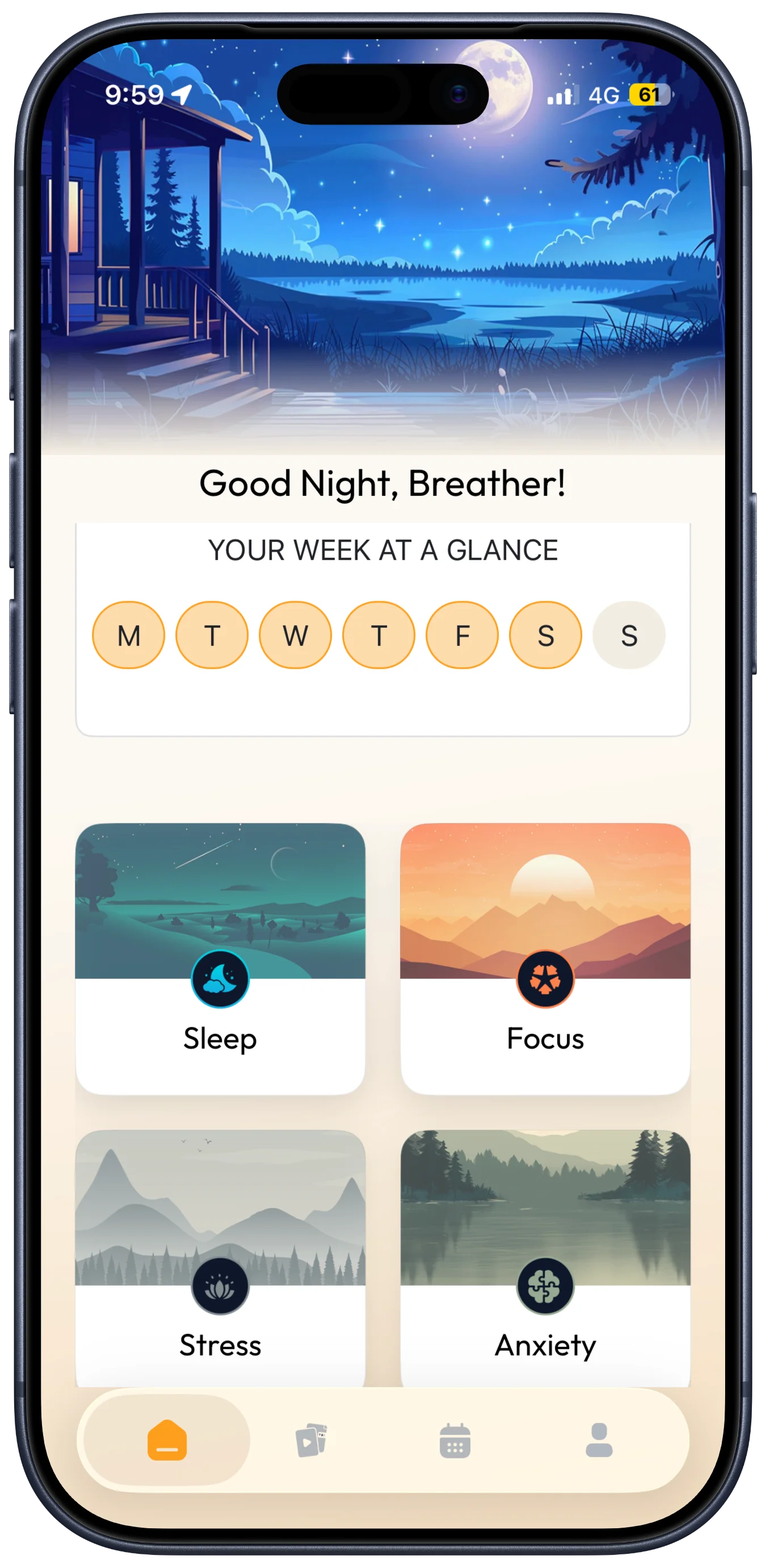 Sleep app screen with week overview and four categories: Sleep, Focus, Stress, and Anxiety.