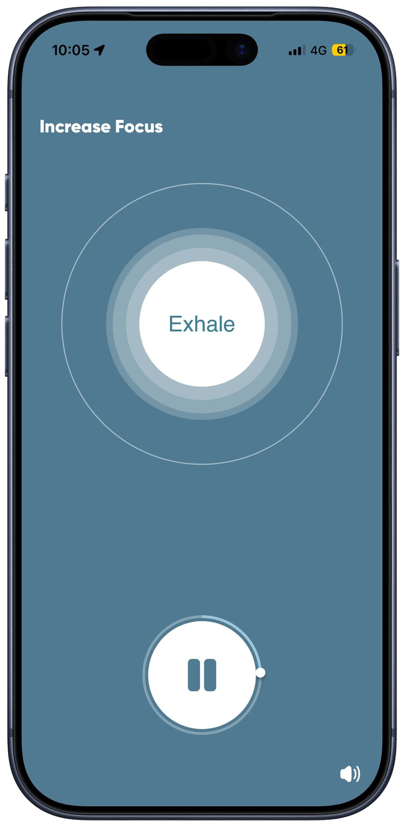 Phone screen with a focus-enhancing app showing an 'Exhale' button and a pause control.