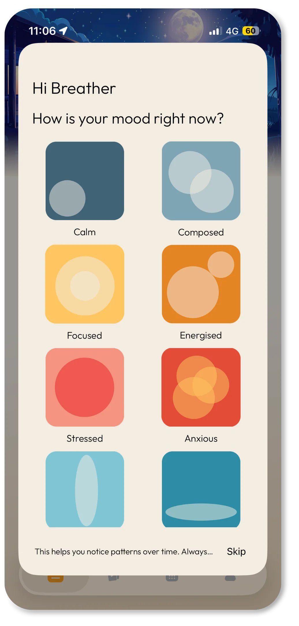 Breathstate app mood check-in screen showing eight mood state options including calm, focused, stressed and anxious