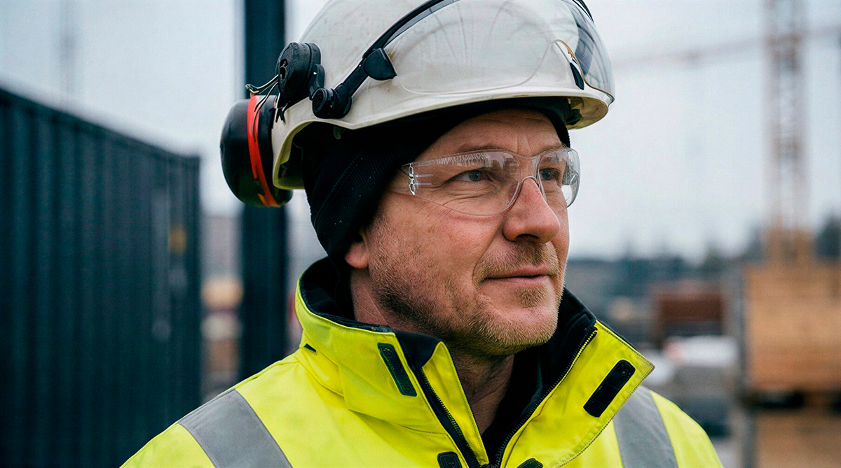 Close-up of a construction worker wearing a white hard hat, safety glasses, and a reflective jacket.