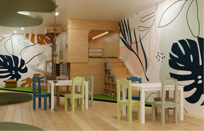 Colorful children's playroom with small tables, chairs, a slide, climbing pole, and abstract leaf wall art.