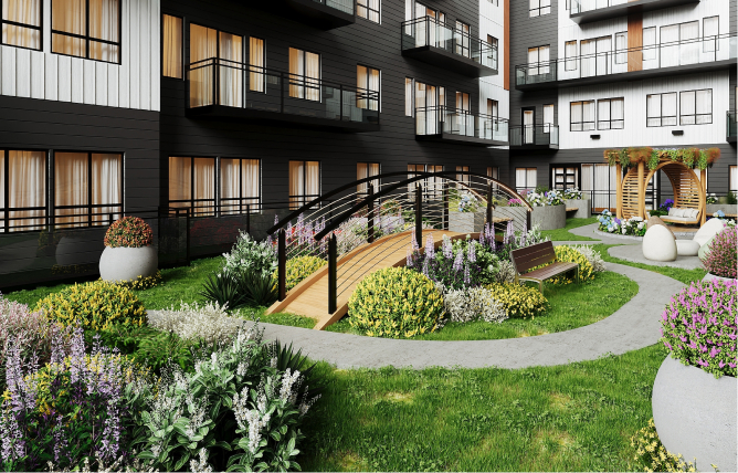 Modern apartment courtyard with curved bridge, flowers, benches, and outdoor seating area.