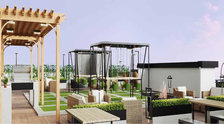 Modern rooftop patio with wooden pergola, grill, lounge seating, swing chairs, and fire pit.