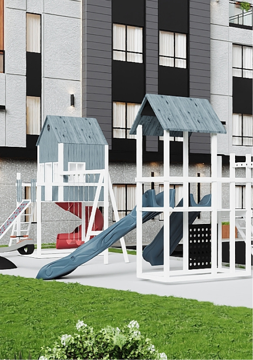 Modern outdoor playground with slides, swings, and climbing structures near a residential building.