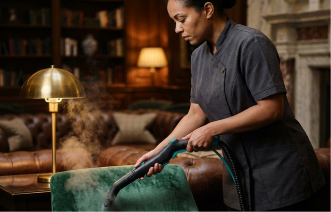 Woman steaming a green velvet chair in a cozy library room with brown leather sofas.