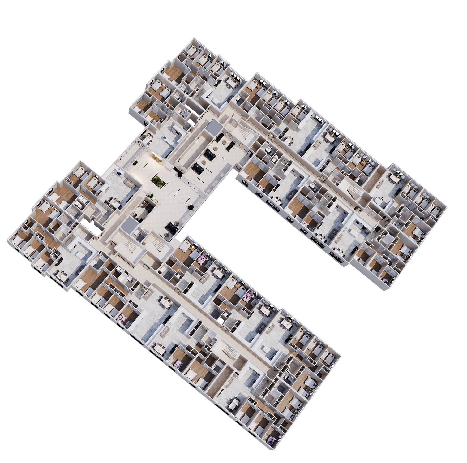3D floor plan of a large residential building with multiple apartments, rooms, and communal spaces.