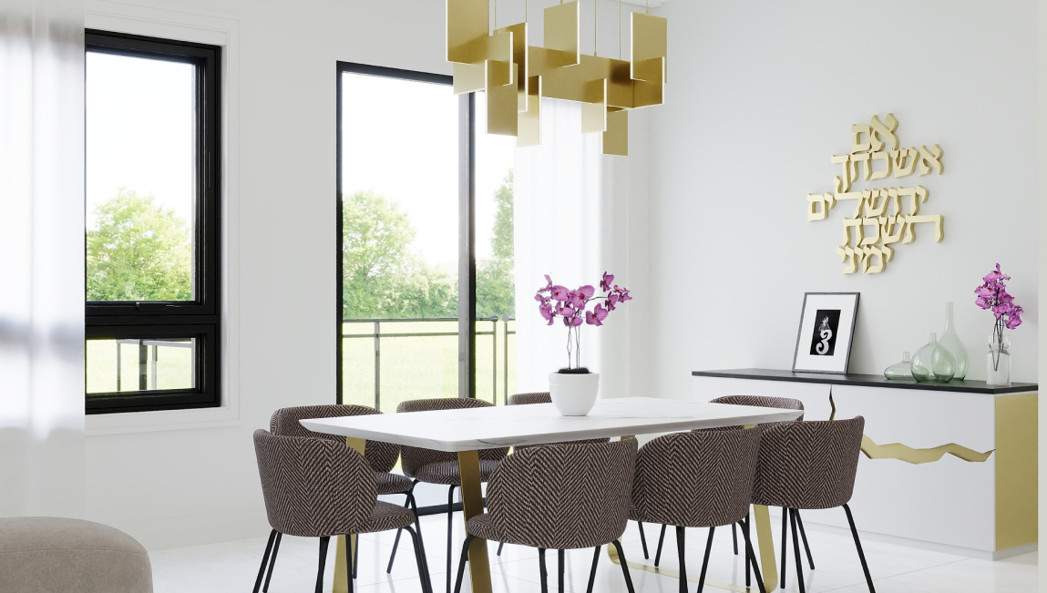Bright dining room with white table, six upholstered chairs, gold chandelier, and wall decor with Hebrew text.
