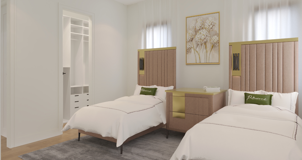 Modern bedroom with two beds, brown padded headboards, white bedding, and a shared nightstand.