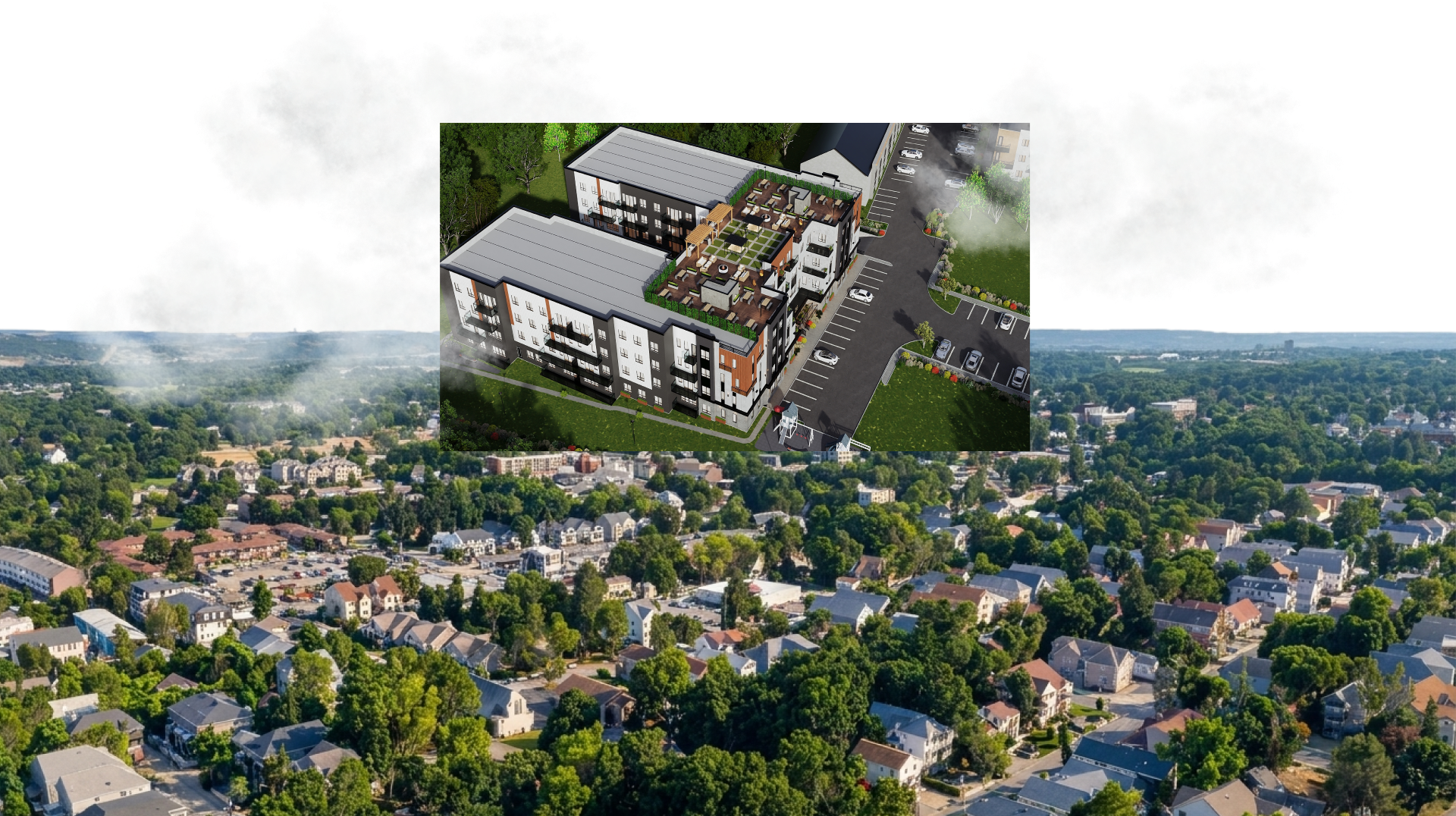 Aerial view of a residential neighborhood with a superimposed top-down rendering of a modern apartment complex.