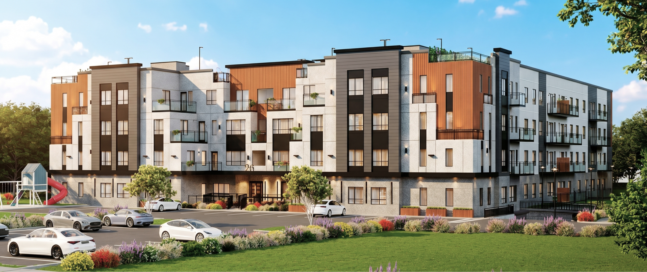 Modern four-story apartment building with balconies, parking lot, playground, and surrounding greenery.