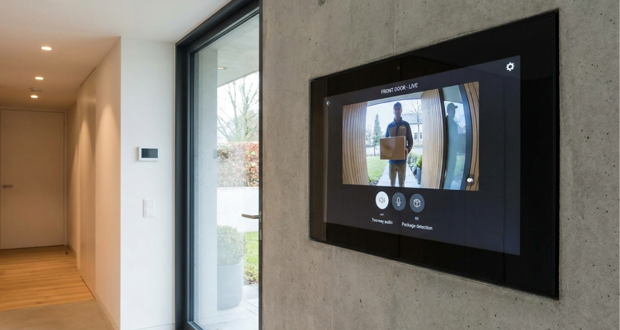 Smart home screen on wall shows live video of delivery person holding a package at front door.
