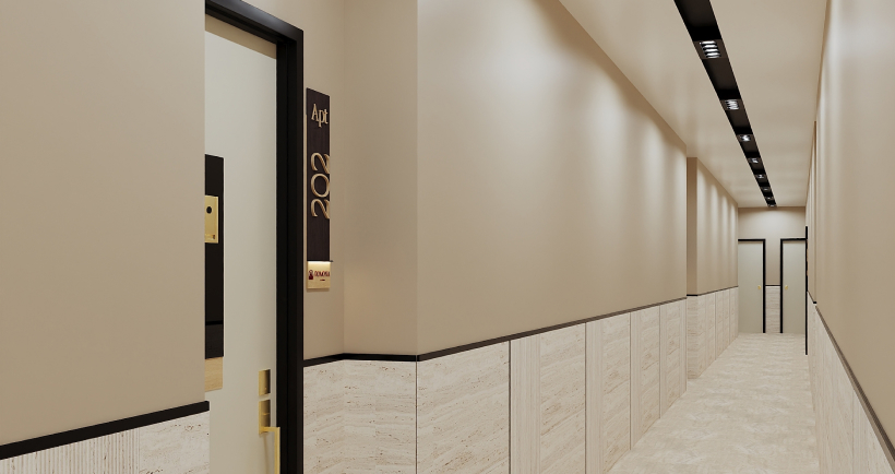 Hallway with beige walls and doors, one labeled Apt 202, lit by recessed ceiling lights.
