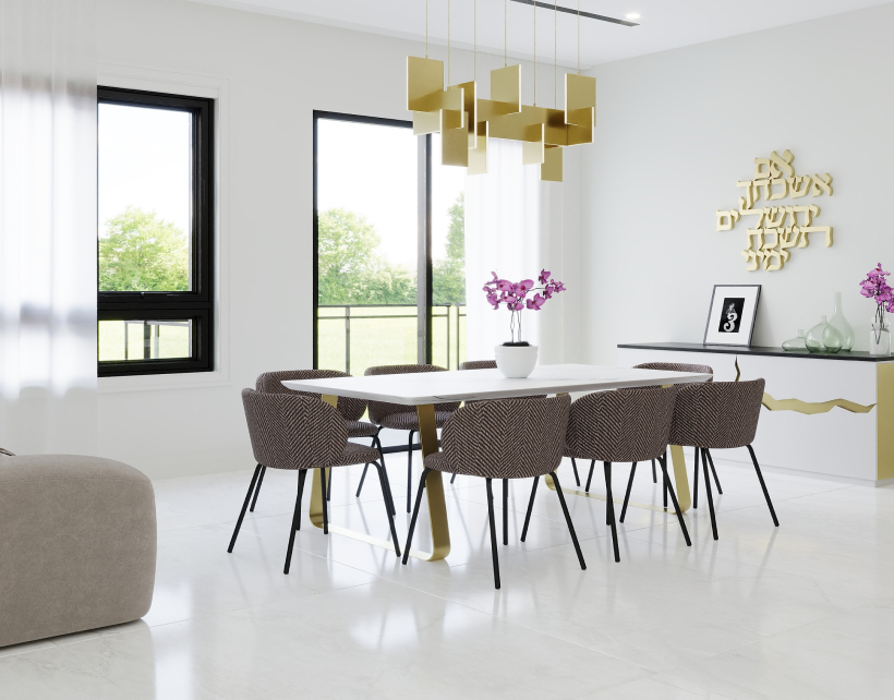 Modern dining room with white table, brown chairs, gold chandelier, and decorated sideboard.
