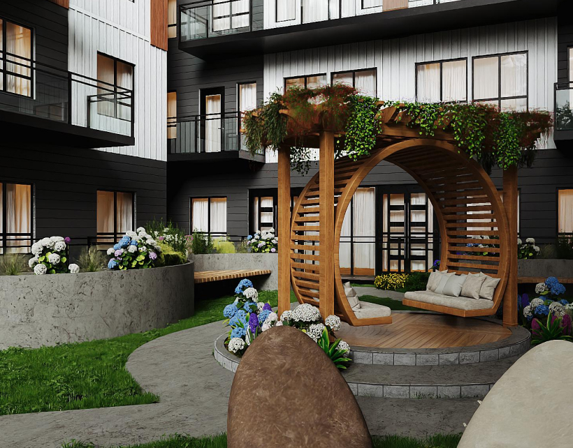 Outdoor courtyard with modern wooden circular pergola swing surrounded by colorful flowers and apartment balconies.