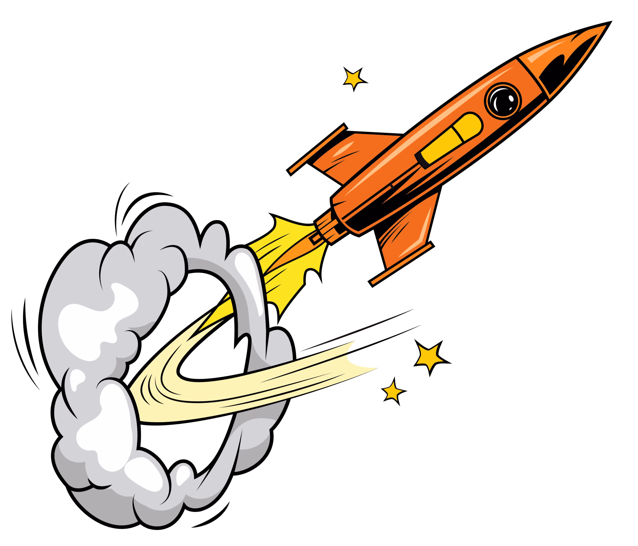 Orange cartoon rocket launching with yellow flame, smoke ring, and three stars on black background.